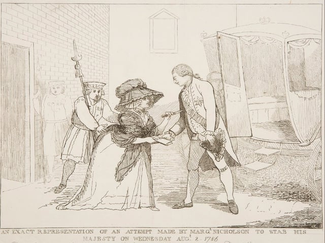 A depiction of the 1786 assault on George III by Margaret Nicholson. The King took pity on her, shouting out: "The poor creature is mad, do not hurt her. She has not hurt me."