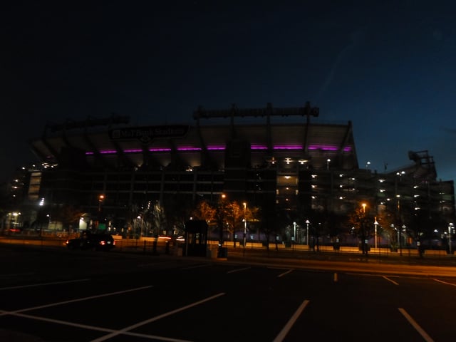 North-end view during the Ravens' Super Bowl XLVII run in 2013. The stadium is lighted in purple LED every Ravens postseason.
