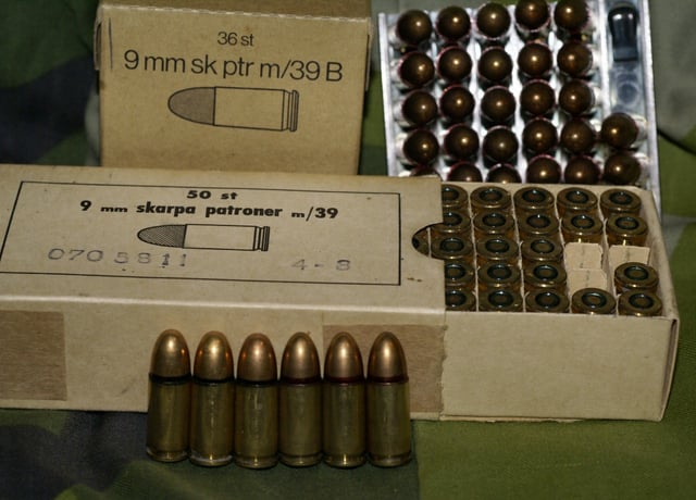 9mm live ammunition m/39 and m/39B in their boxes