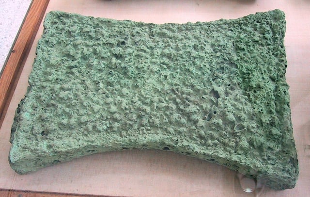 A corroded copper ingot from Zakros, Crete, shaped in the form of an animal skin typical in that era.