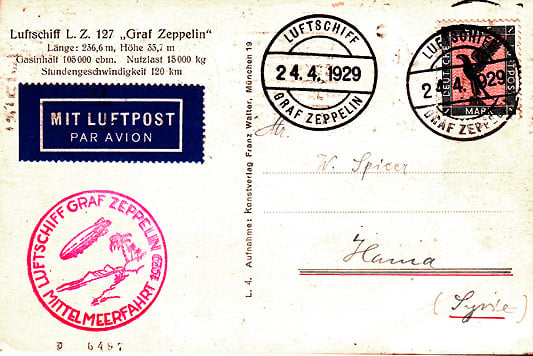 Flown ppc carried by the Graf Zeppelin to Syria on the "Mittelmeerfahrt 1929"