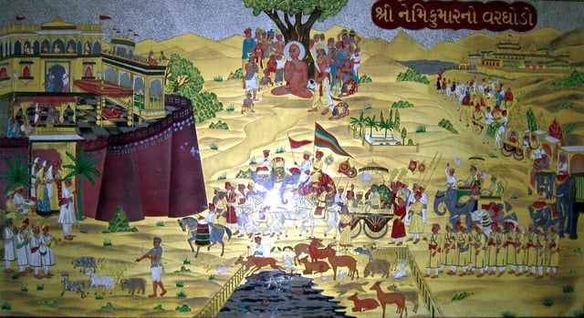 Depiction of wedding procession of Lord Neminatha. The enclosure shows the animals that are to be slaughtered for food for weddings. Overcome with Compassion for animals, Neminatha refused to marry and renounced his kingdom to become a Shramana