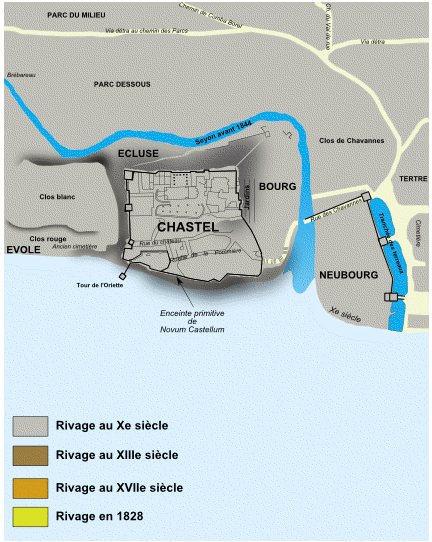 Map of town centre showing the evolution of the shoreline