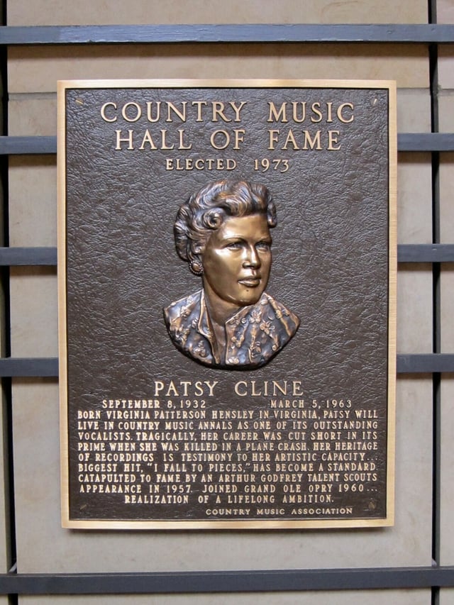 Cline's plaque located inside the Country Music Hall of Fame and Museum. She was the first female solo artist inducted into the hall of fame.