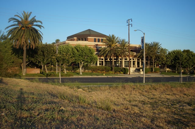 The Rancho Cucamonga Civic Center government complex west entrance, as seen from across Haven Avenue. The Civic Center complex houses government functions for the city.