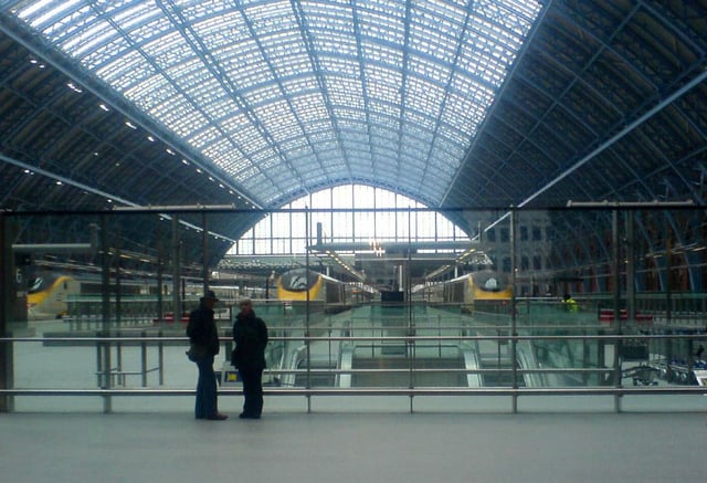 Several Eurostar trains in St Pancras International railway station