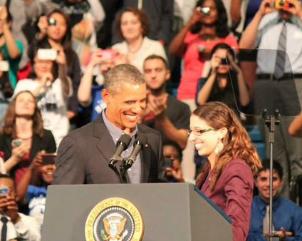 A UB student, Silvana D'Ettorre, introduced President Barack Obama at a speech given in Alumni Arena in 2013.