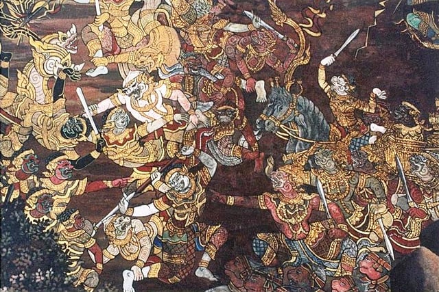 The epic story of Ramayana was adopted by several cultures across Asia. Shown here is a Thai historic artwork depicting the battle which took place between Rama and Ravana.