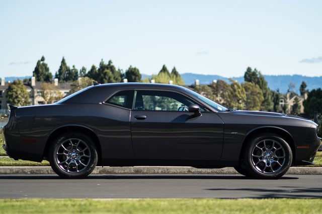 2017 Challenger GT in Graphite Crystal. Note the higher stance of the Pursuit-based suspension.