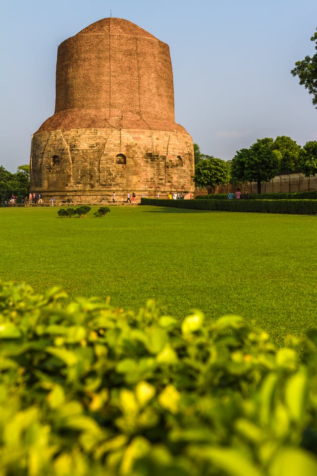 The Dhamekh Stupa in Sarnath is where Gautama Buddha first taught the Dharma, and where the Buddhist Sangha came into existence through the enlightenment of Kondanna.