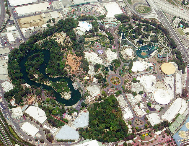An aerial view of Disneyland in 2004