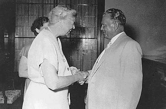 Josip Broz Tito greeting former U.S. first lady Eleanor Roosevelt during her July 1953 visit to Yugoslavia
