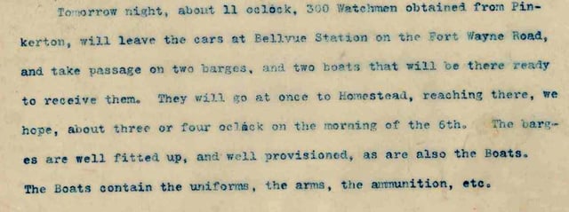 Frick's letter to Carnegie describing the plans and munitions that will be on the barges when the Pinkertons arrive to confront the strikers in Homestead.