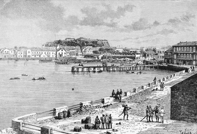 Artist representation of dock at Gorée in 1892
