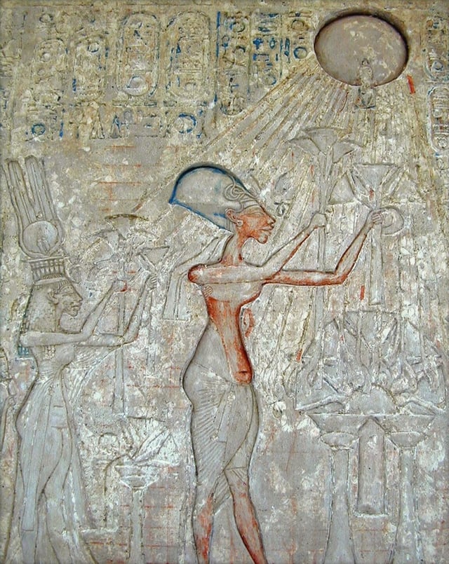 Freud believed that Moses was a former adherent to the religion of the sun disc Aten instituted by the pharaoh Akhenaten (shown above), a notion now discredited by modern scholars.