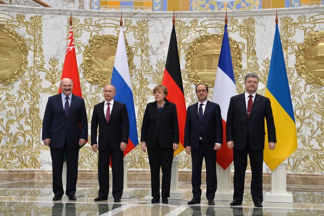 Leaders of Belarus, Russia, Germany, France, and Ukraine at the summit in Minsk, 11–12 February 2015