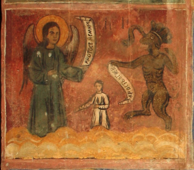 Angel with Temperance and Humility virtues versus Devil with Rage and Wrath sins. A fresco from the 1717 Saint Nicolas Orthodox church in Cukovets, Pernik Province, Bulgaria