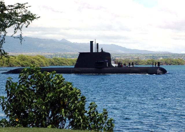 The Adelaide-built Collins-class submarine HMAS Rankin entering Pearl Harbor, August 2004.