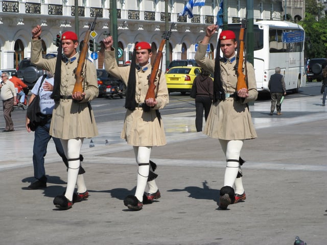 Evzones of the Presidential Guard in front of the Greek Parliament armed with M1 Garands.