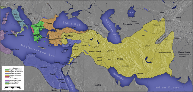 Kingdoms of the Diadochi in 301 BC: the Ptolemaic Kingdom (dark blue), the Seleucid Empire (yellow), Kingdom of Pergamon (orange), and Kingdom of Macedon (green). Also shown are the Roman Republic (light blue), the Carthaginian Republic (purple), and the Kingdom of Epirus (red).