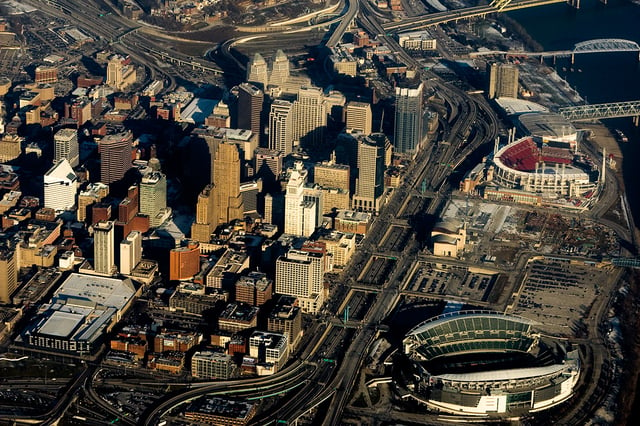 View of downtown Cincinnati in 2010 showing city arenas