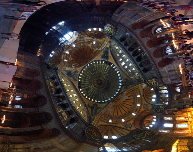 Interior panorama of the Hagia Sophia, the patriarchal basilica in Constantinople designed 537 CE by Isidore of Miletus, the first compiler of Archimedes' various works. The influence of Archimedes' principles of solid geometry is evident.