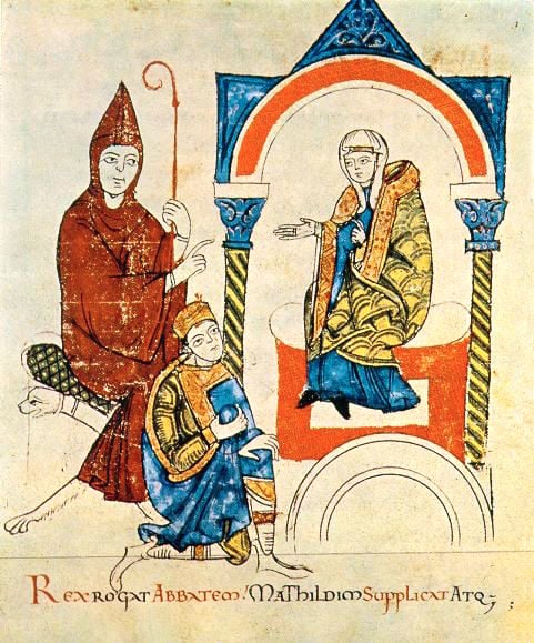 Henry begging Matilda of Tuscany and Hugh of Cluny in Canossa Castle