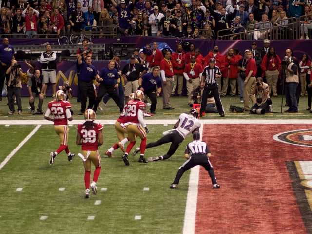 Jacoby Jones dives for the end zone during the second quarter of Super Bowl XLVII.
