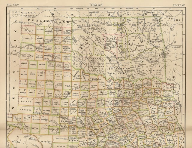 Map of Indian Territory (Oklahoma) 1889, showing Oklahoma as a train stop on a railroad line. Britannica 9th ed.