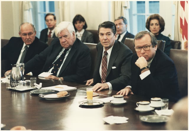 President Reagan meeting with Congress on the invasion of Grenada in the Cabinet Room, 25 October 1983