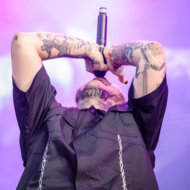 Post's "STONEY" tattoo below his chin which is in reference to his debut album.