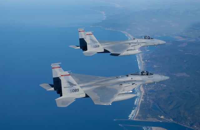 Two F-15s over the coast of Oregon