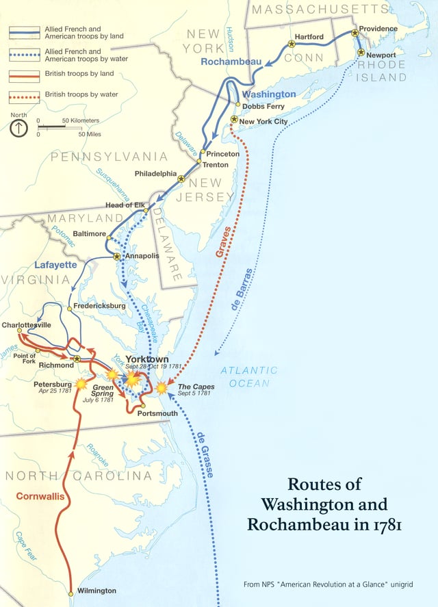 National Park Service map of the Washington-Rochambeau Revolutionary Route, which commenced in Rhode Island