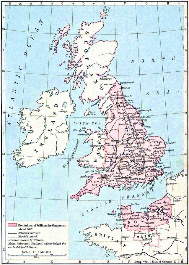 Map showing William's lands in 1087 (the light pink areas were controlled by William).