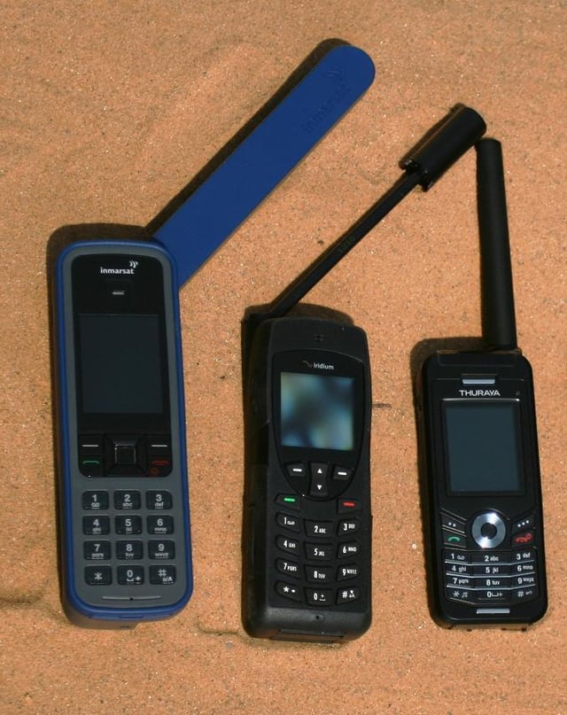 Satellite phones, showing the large antennas needed to communicate with the satellite