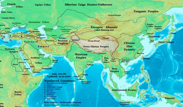 Asia in 200 BC, showing the Greco-Bactrian Kingdom and its neighbors.
