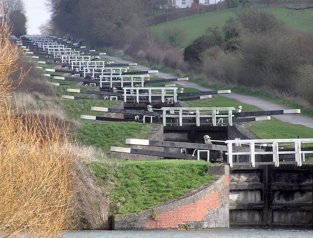 The flight of 16 locks at Caen Hill on the Kennet and Avon Canal