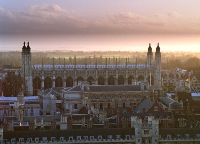 View over Trinity College, Gonville and Caius, Trinity Hall and Clare College towards King's College Chapel, seen from St John's College chapel whereas on the left, just in front of King's College chapel, is the University Senate House