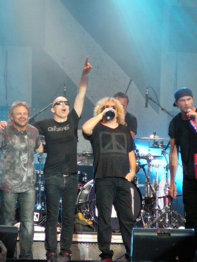 From the left: Michael Anthony, Joe Satriani, Sammy Hagar, Chad Smith of the band Chickenfoot voiced themselves in "IAMAPOD". Their song "Bigfoot" was later featured in the season eight episode "The Last Dance for Napkin Lad".