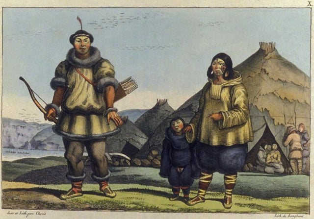 Chukchi, one of many indigenous peoples of Siberia. Representation of a Chukchi family by Louis Choris (1816)