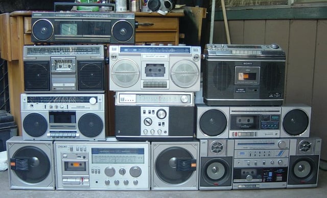 An assortment of radio-cassette players, aka ghetto-blasters or "boomboxes"