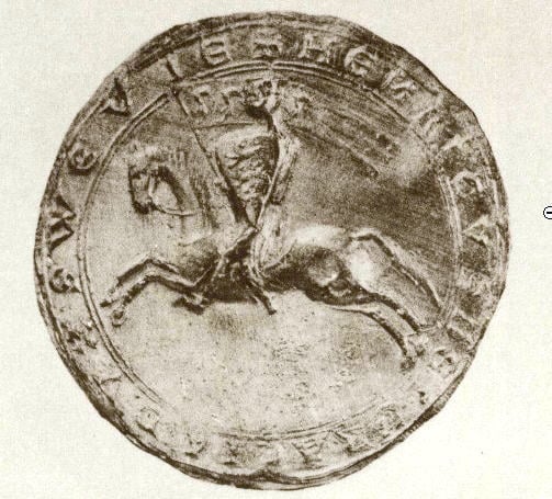 Henry's seal (dated 1216) shows him as a mounted knight with a shield and banner displaying three leopards (three lions passant guardant [or reguardant]) as the Hohenstaufen coat of arms; the three lions (later shown just passant) would later become known as the Swabian coat of arms.
