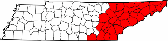 Map of Tennessee highlighting East Tennessee