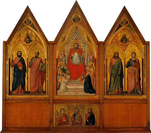 Front side. Tempera on wood.  cm 178 × 89 (central panel); cm 168 × 83 c. (side panels); cm 45 c. × 83 c. (each section of the predella)