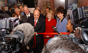 Giuliani cutting the ribbon of the new Drug Enforcement Administration mobile museum in Dallas, Texas, in September 2003