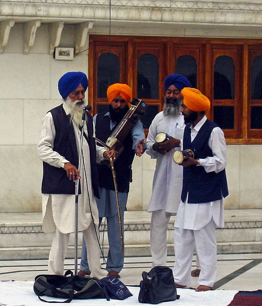 A group of Sikh musicians at the Golden Temple complex