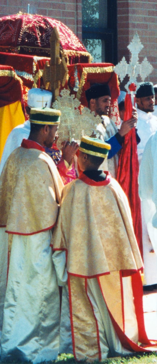 Ethiopian Orthodox clergy lead a procession in celebration of Saint Michael