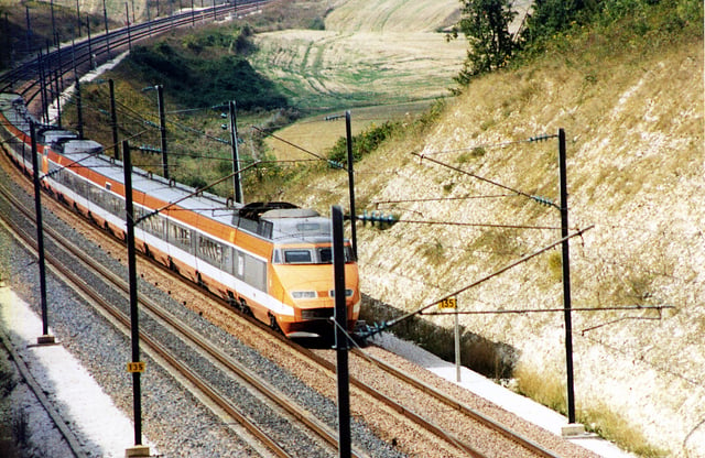 A TGV Sud-Est set in the original orange livery, since superseded by silver and blue
