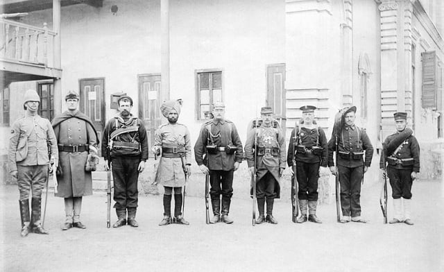 Troops of the Eight-Nation Alliance in 1900. Left to right: Britain, United States, Australia, India, Germany, France, Austria-Hungary, Italy, Japan.