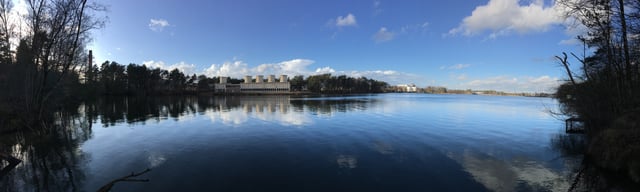 Cooling towers of the BR2 (Belgian Reactor 2) at Boeretang Lake.